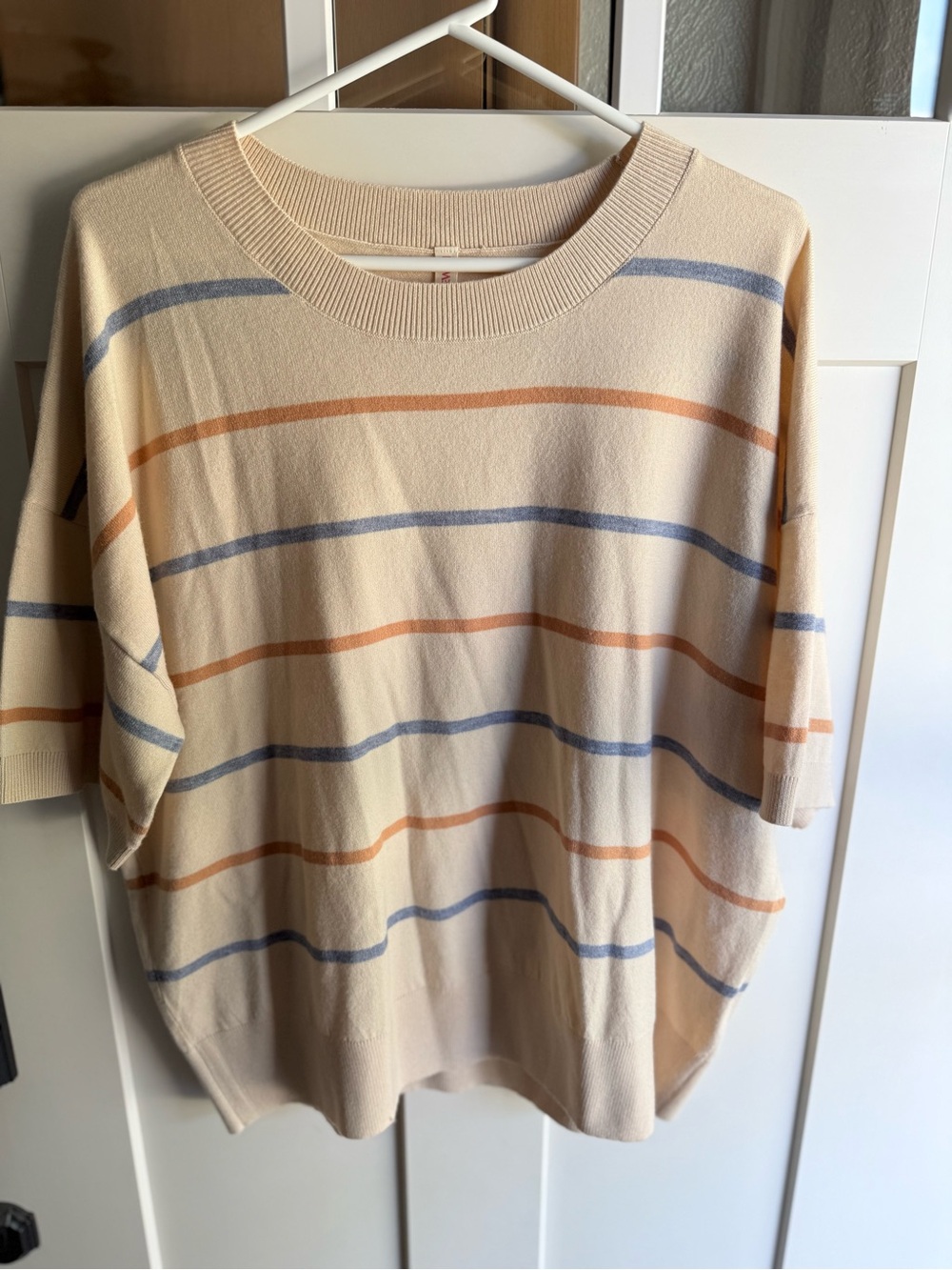 Shewin Cream Knit Tee with Blue and Tan Stripes